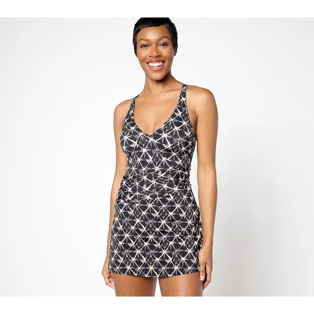 Denim and Co Beach Regular V Neck Ruched Waist Swim Dress Size 26W Black Shibori